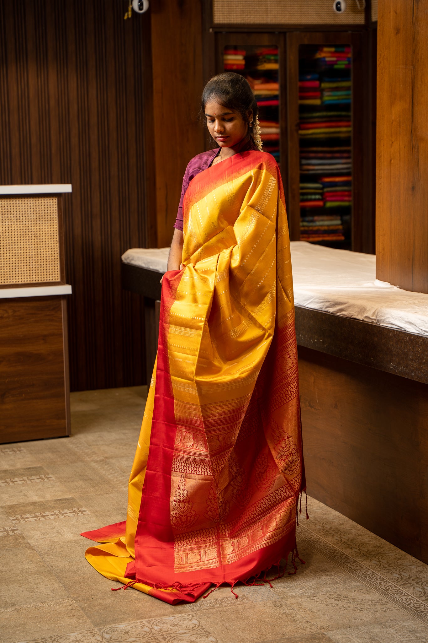 Mustard yellow and Red Pure Soft Silk Sari - Clio Silks