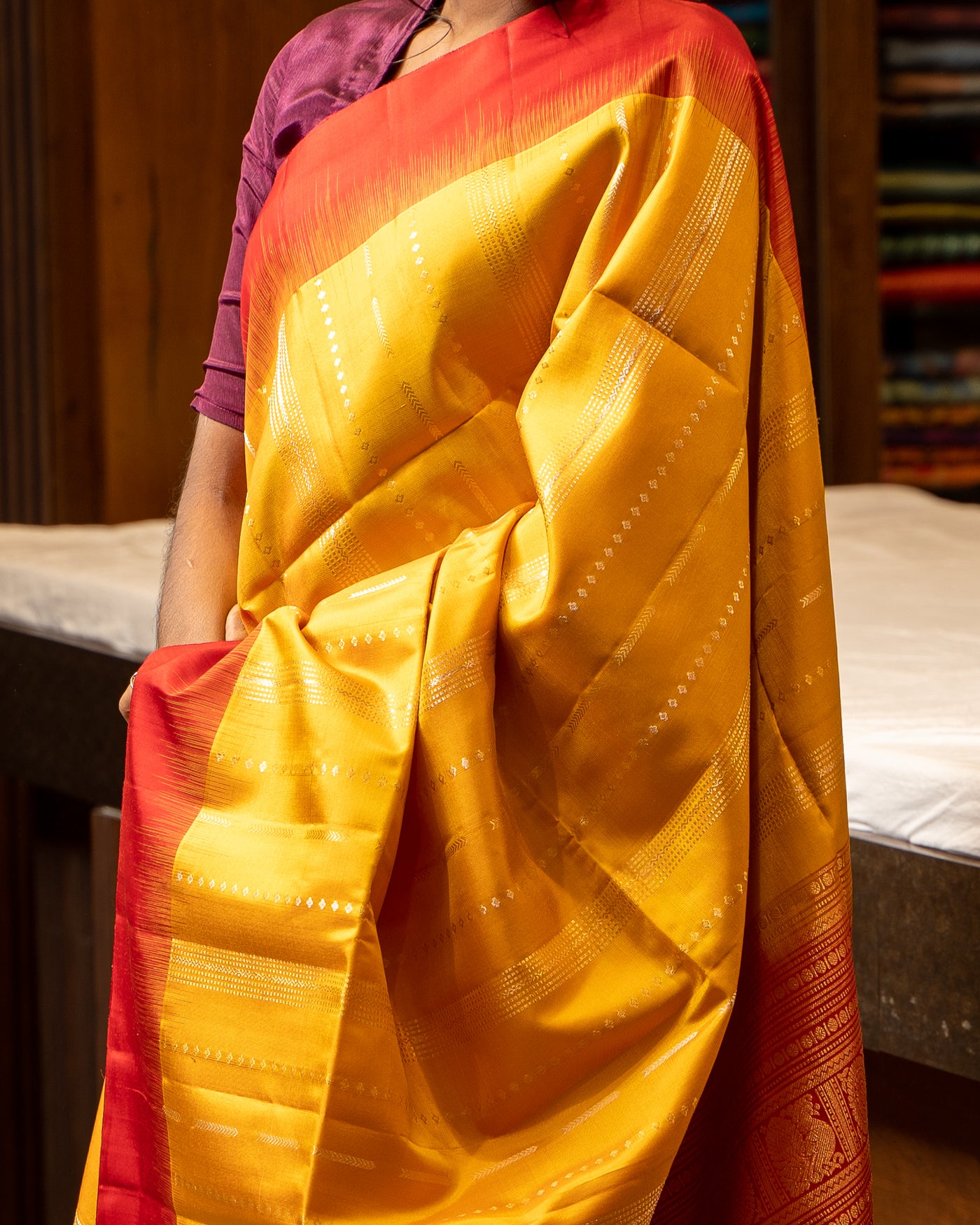 Mustard yellow and Red Pure Soft Silk Sari - Clio Silks