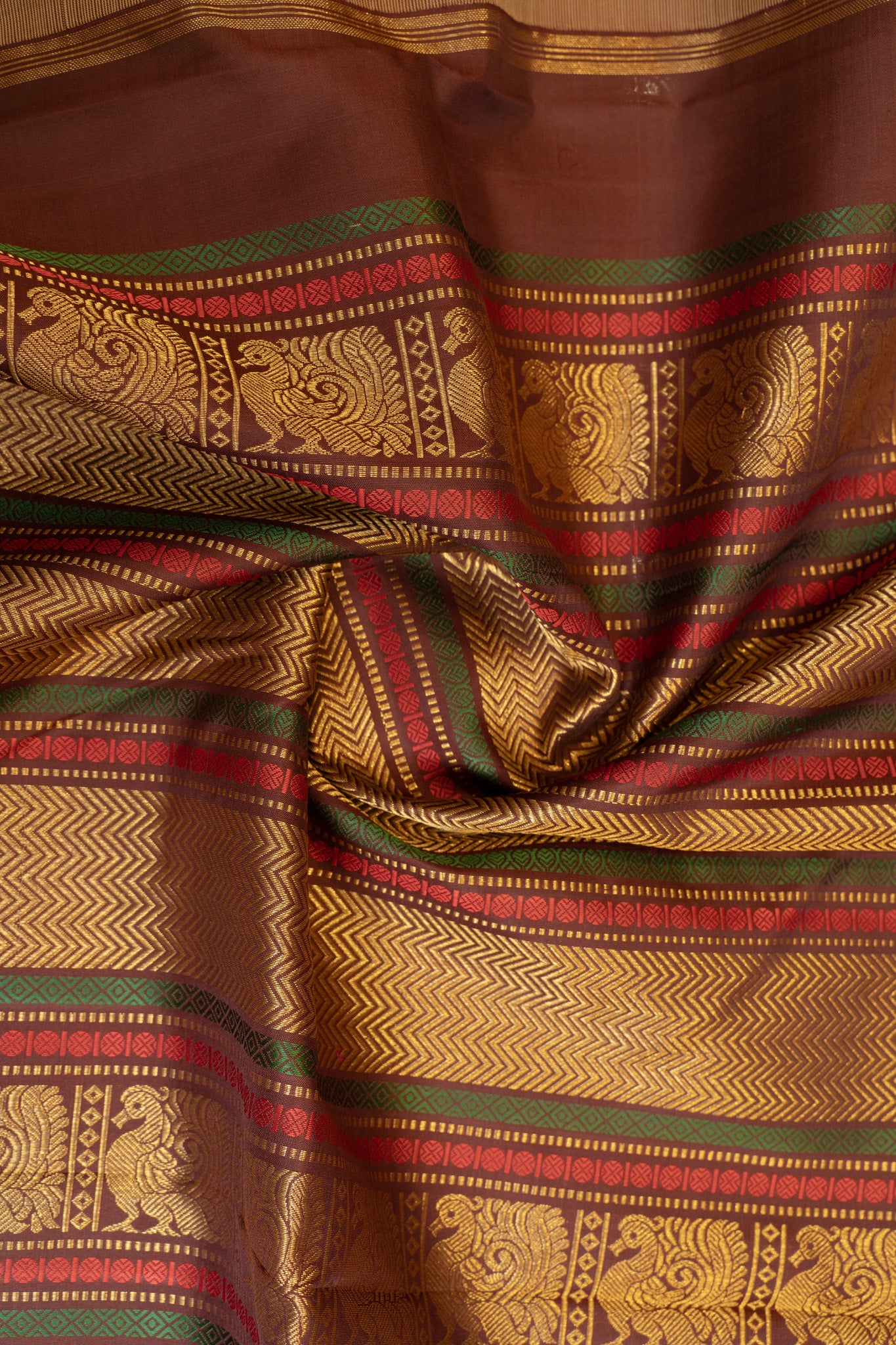 Elaichi green and brown Varisaipettu pure zari Kanchipuram silk saree