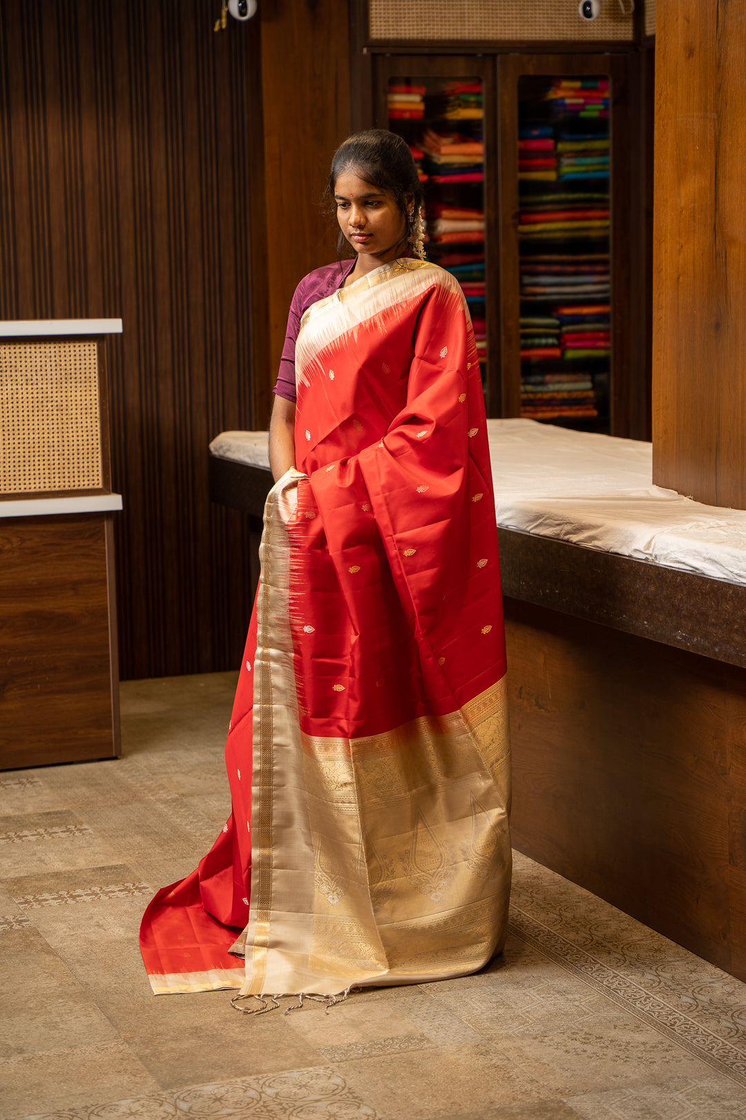 Red and Sandcastle Beige Pure Soft Silk Sari - Clio Silks