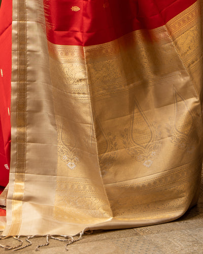 Red and Sandcastle Beige Pure Soft Silk Sari - Clio Silks