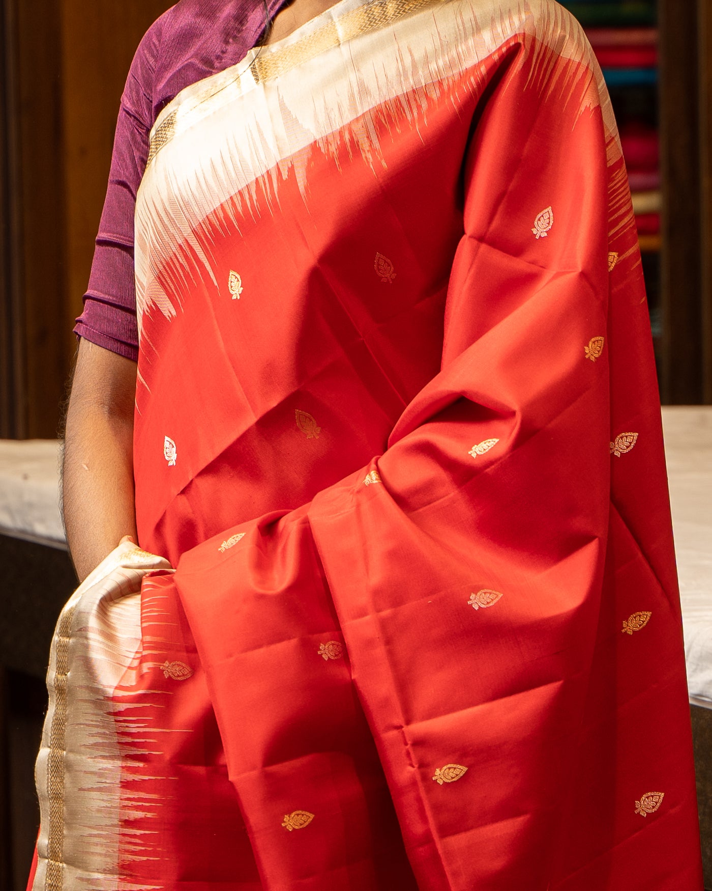 Red and Sandcastle Beige Pure Soft Silk Sari - Clio Silks