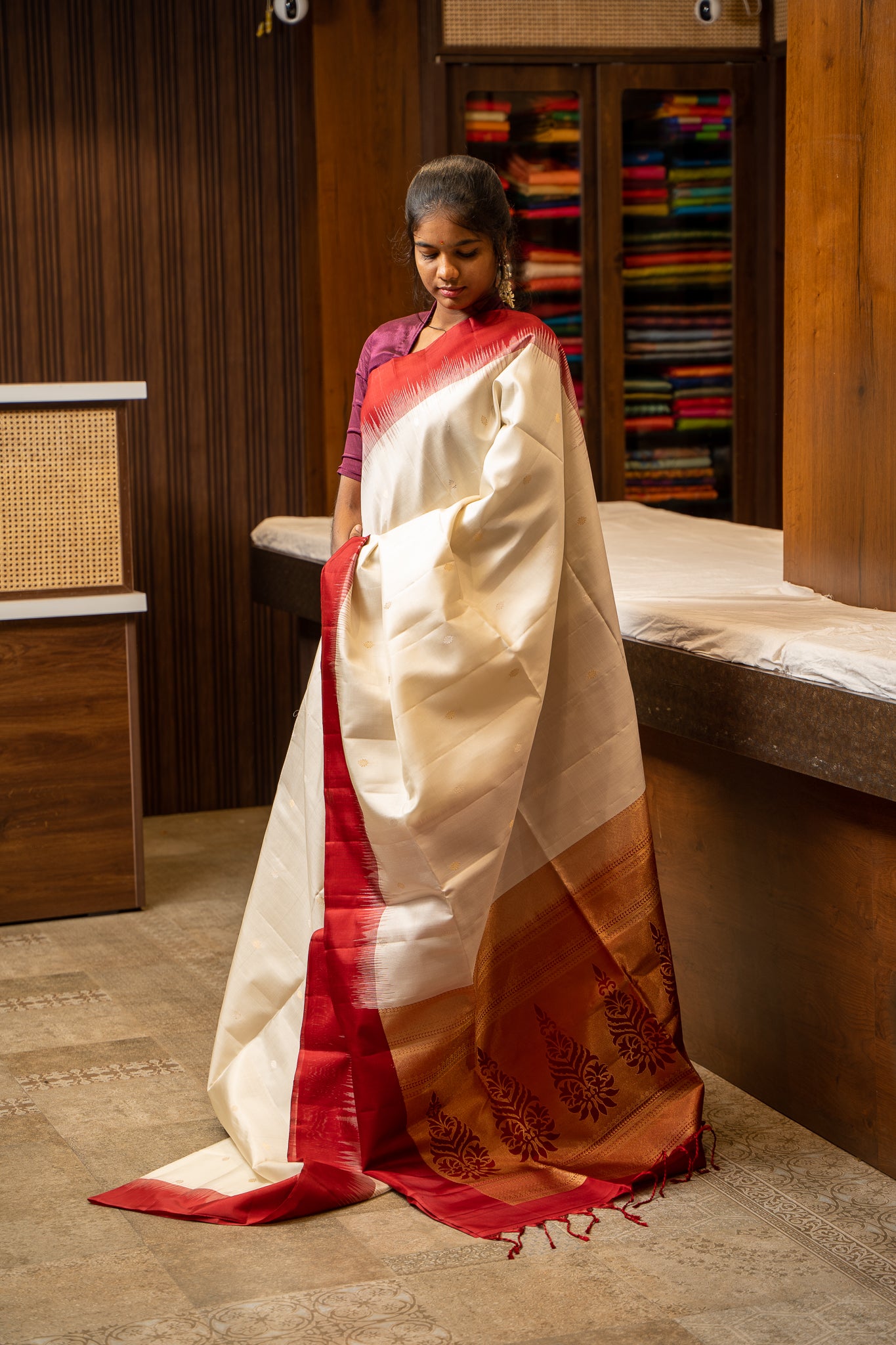 Ivory and Ruby Red Pure Soft Silk Sari - Clio Silks