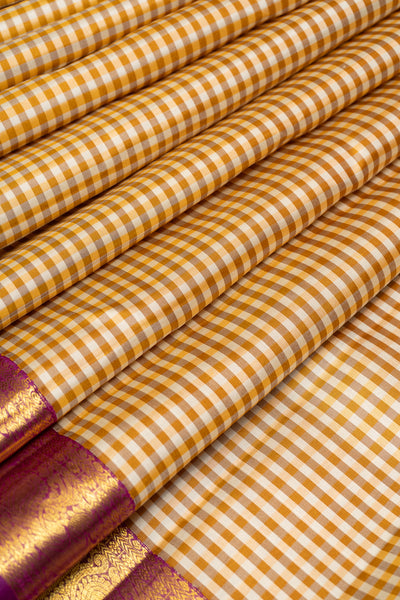 Beige and Gold Checks Pure Kanchipuram Silk Saree - Clio Silks