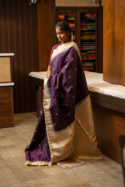 Purple and Beige Pure Soft Silk Sari - Clio Silks