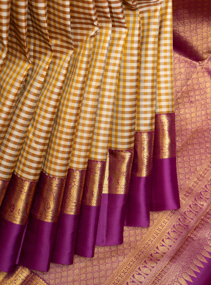 Beige and Gold Checks Pure Kanchipuram Silk Saree - Clio Silks