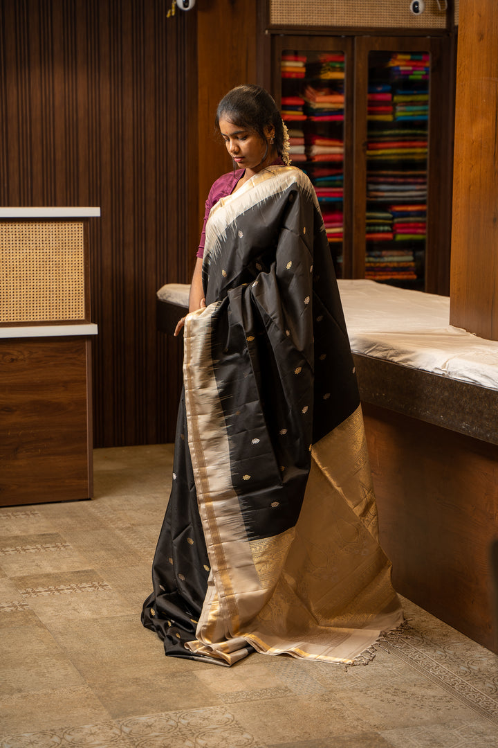 Black and Sandcastle Beige Pure Soft Silk Sari - Clio Silks