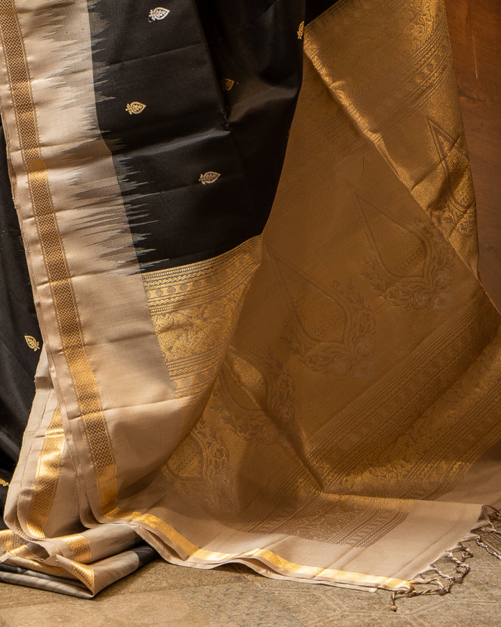 Black and Sandcastle Beige Pure Soft Silk Sari - Clio Silks