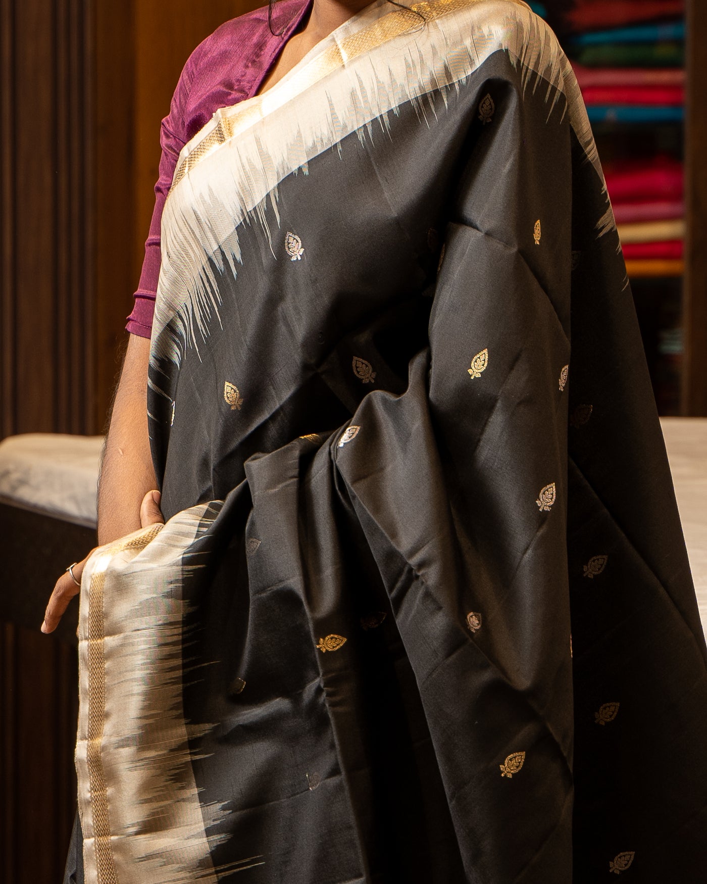 Black and Sandcastle Beige Pure Soft Silk Sari - Clio Silks