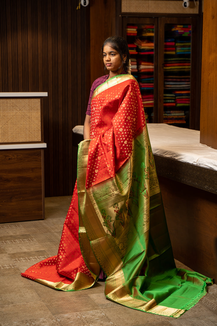 Red and Green 1000 butta Pure Soft Silk Sari - Clio Silks