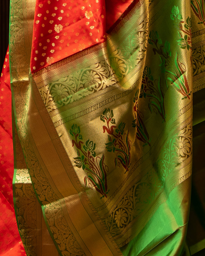 Red and Green 1000 butta Pure Soft Silk Sari - Clio Silks