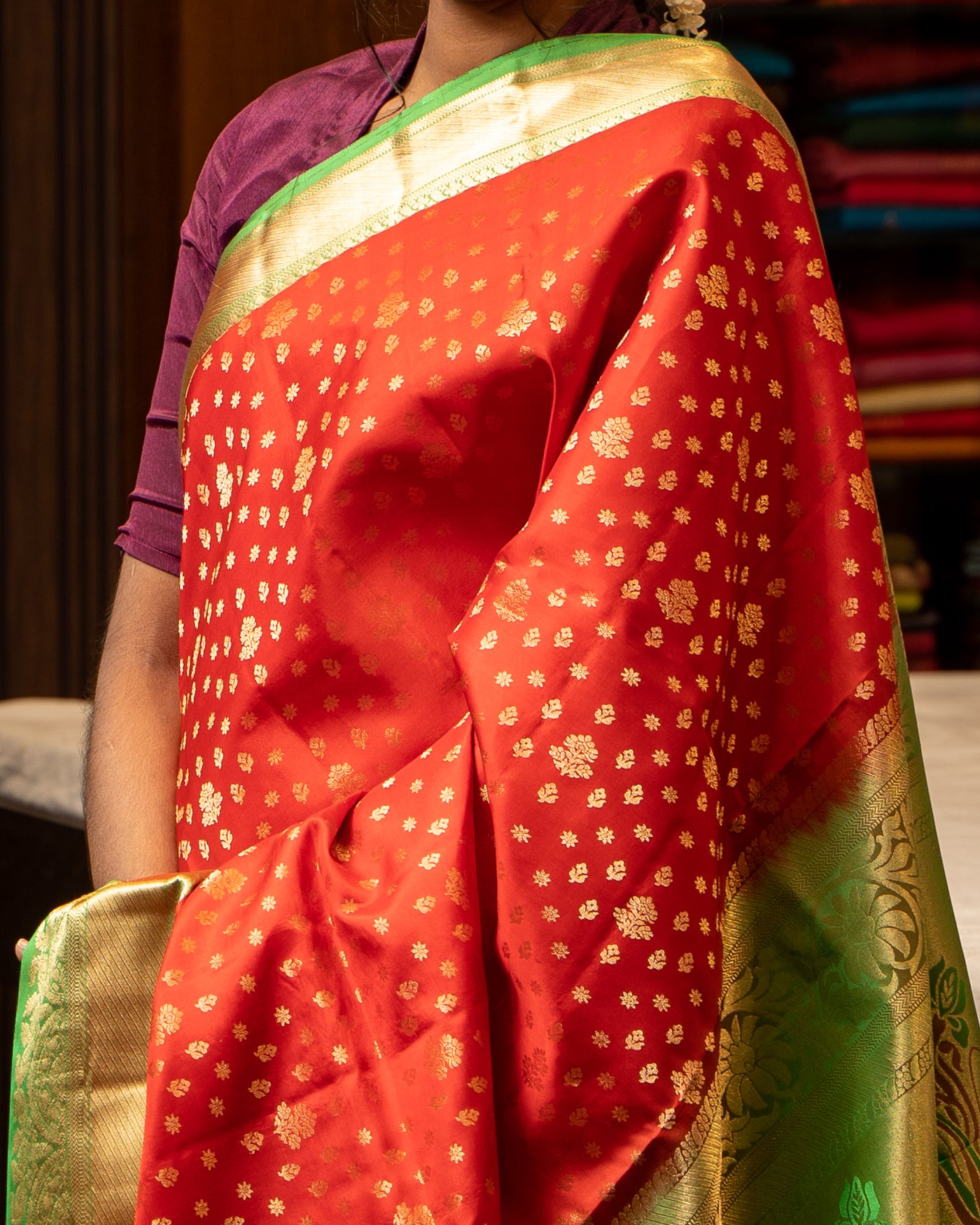 Red and Green 1000 butta Pure Soft Silk Sari - Clio Silks