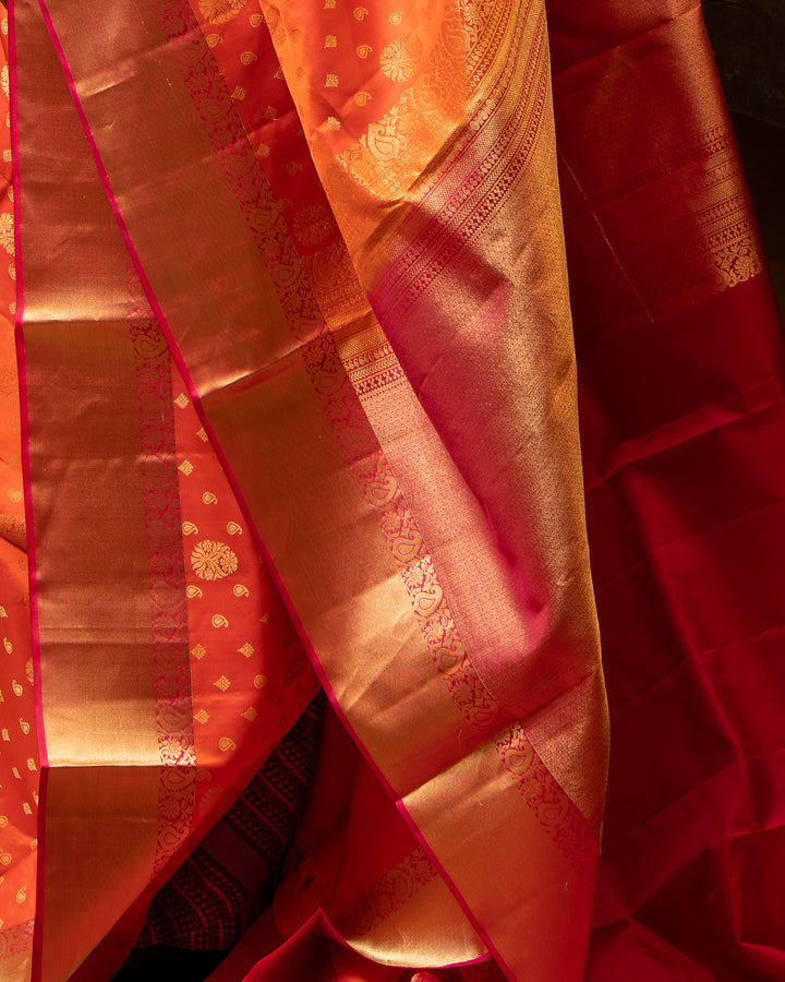 Orange and Magenta 1000 butta Pure Soft Silk Sari - Clio Silks