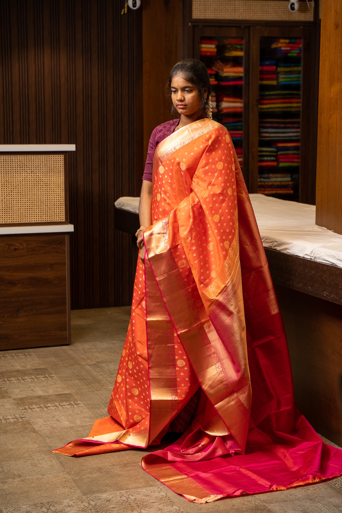 Orange and Magenta 1000 butta Pure Soft Silk Sari - Clio Silks