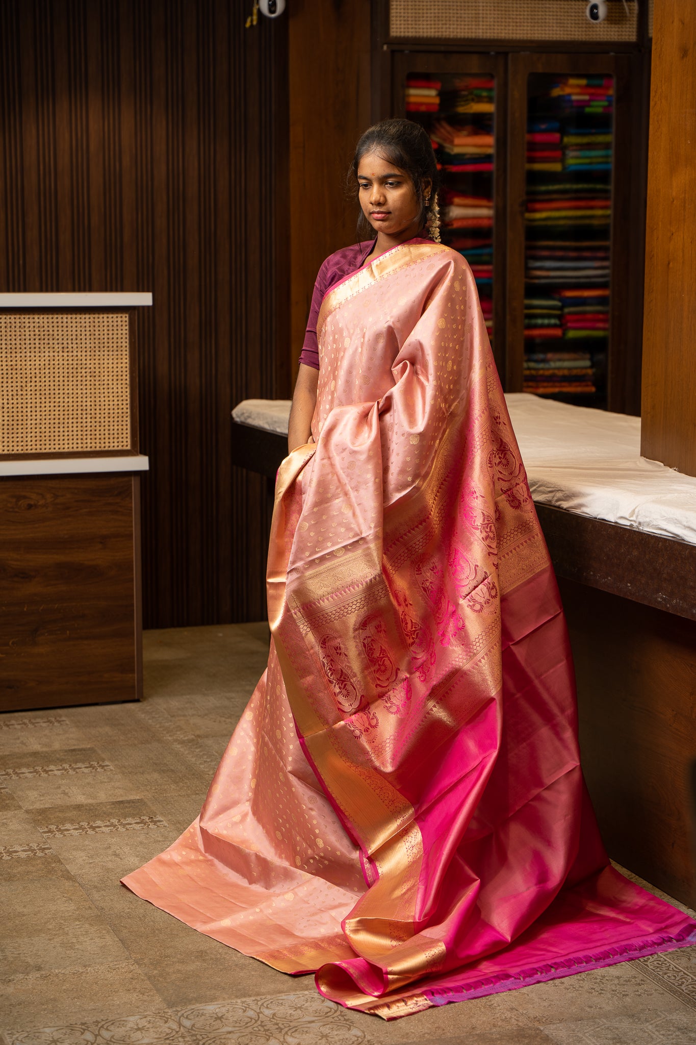 Baby Pink and Magenta 1000 butta Pure Soft Silk Sari - Clio Silks