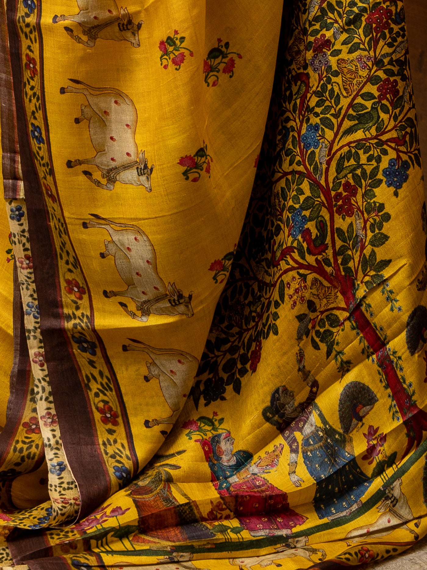 Yellow Pichwai Printed Pure Tussar Designer Saree - Clio Silks