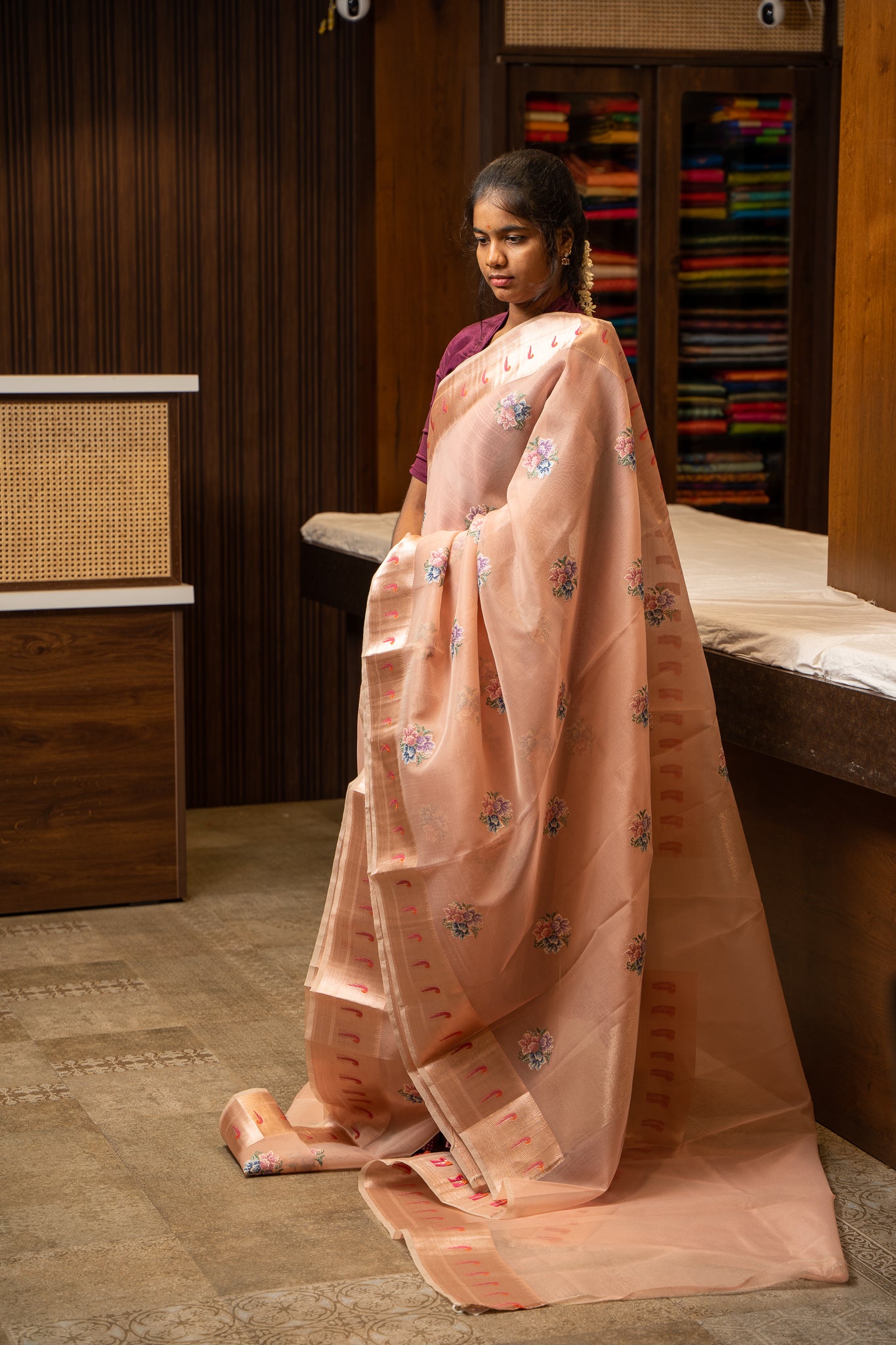 Peach and Beige Stripes Designer Banaras Fancy Cotton Saree - Clio Silks