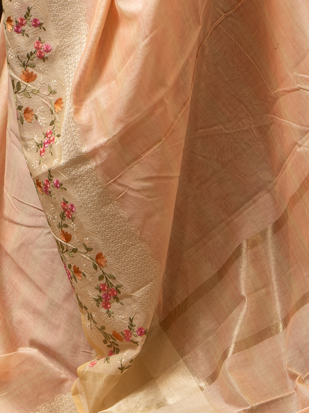 Peach and Beige Stripes Designer Banaras Fancy Cotton Saree - Clio Silks