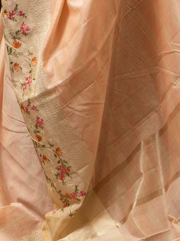 Peach and Beige Stripes Designer Banaras Fancy Cotton Saree - Clio Silks