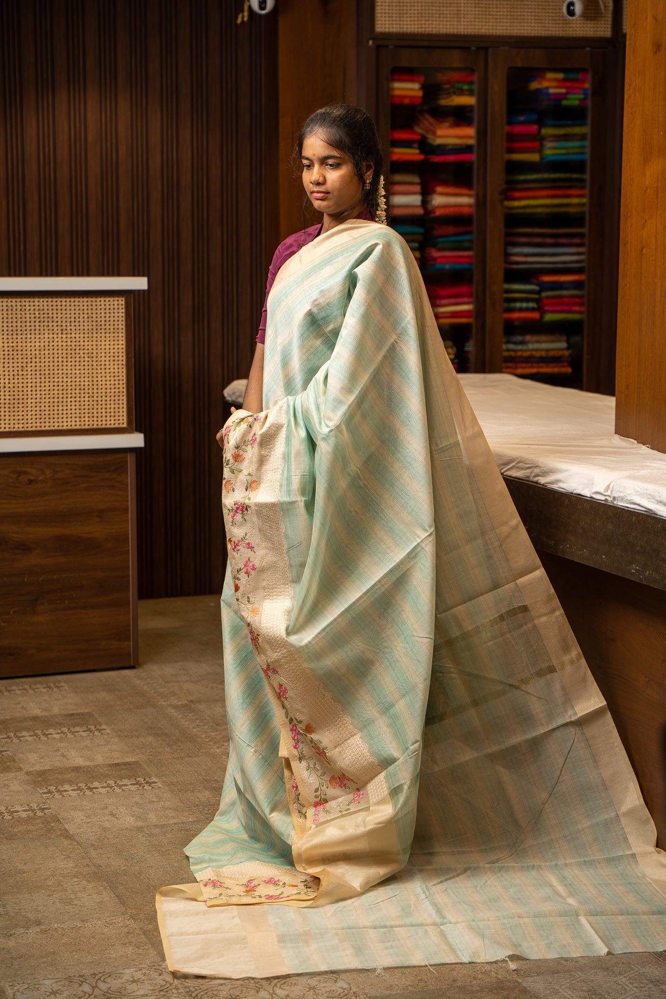Baby Blue Stripes Designer Banaras Cotton Saree - Clio Silks