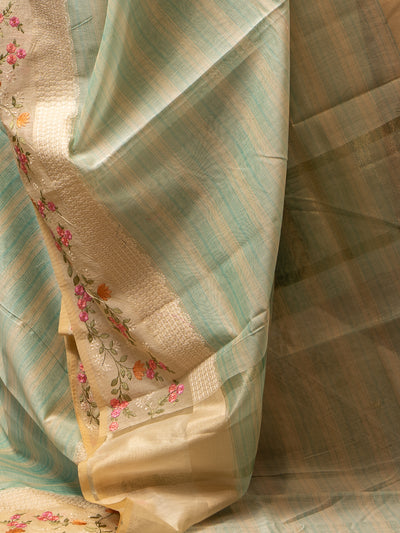 Baby Blue Stripes Designer Banaras Cotton Saree - Clio Silks