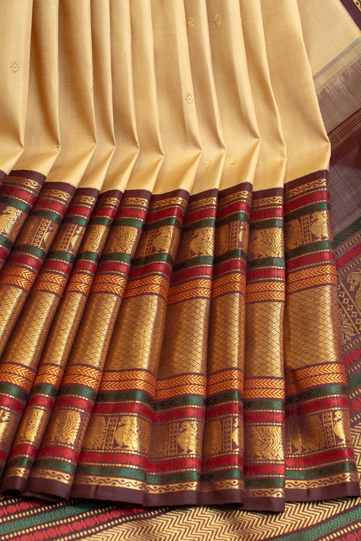 Elaichi green and brown Varisaipettu pure zari Kanchipuram silk saree