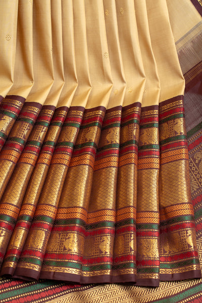 Elaichi green and brown Varisaipettu pure zari Kanchipuram silk saree