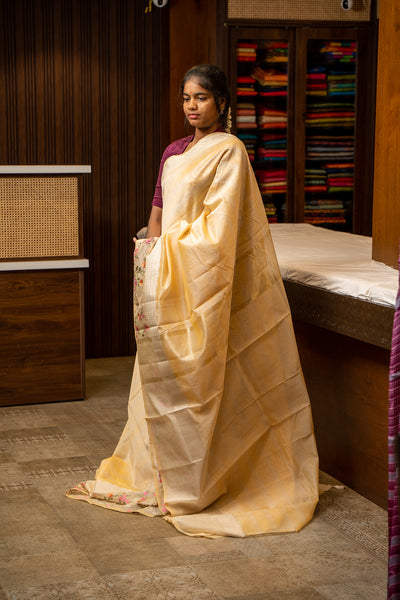 Pastel Yellow Stripes Designer Banaras Cotton Saree - Clio Silks