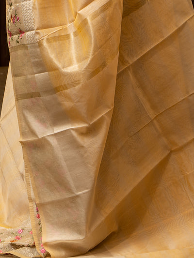 Pastel Yellow Stripes Designer Banaras Cotton Saree - Clio Silks