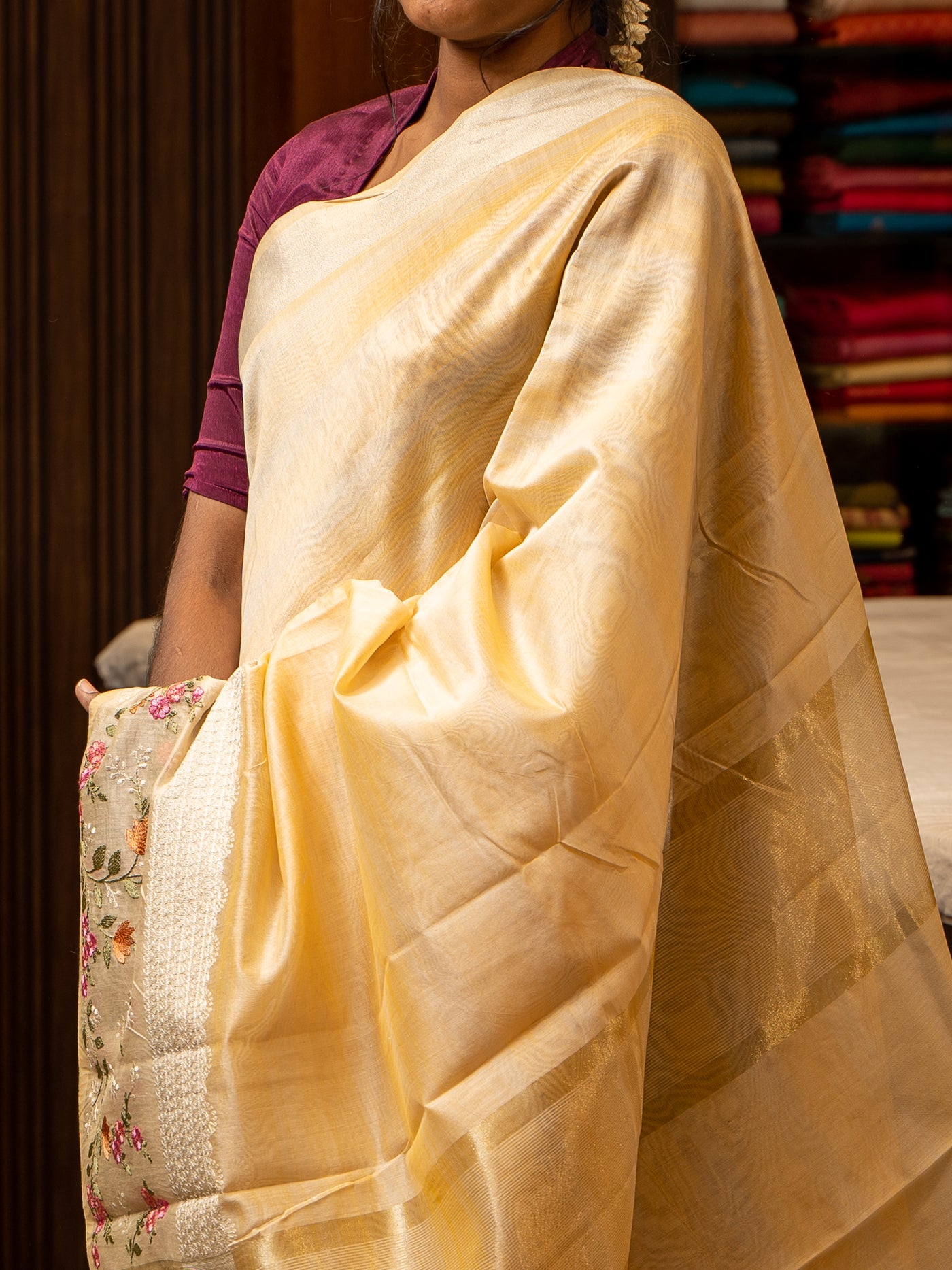 Pastel Yellow Stripes Designer Banaras Cotton Saree - Clio Silks