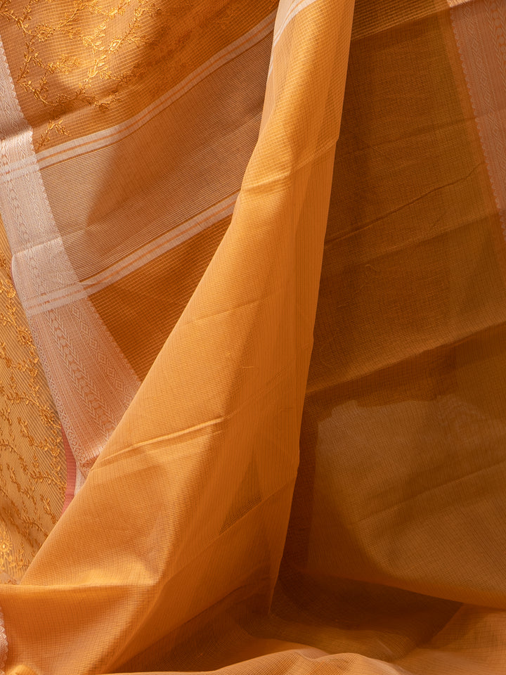Peach Orange Embroidered Fancy Banaras Kota Cotton Saree - Clio Silks