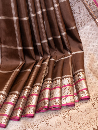 Brown thread checks pure Kanchipuram silk saree