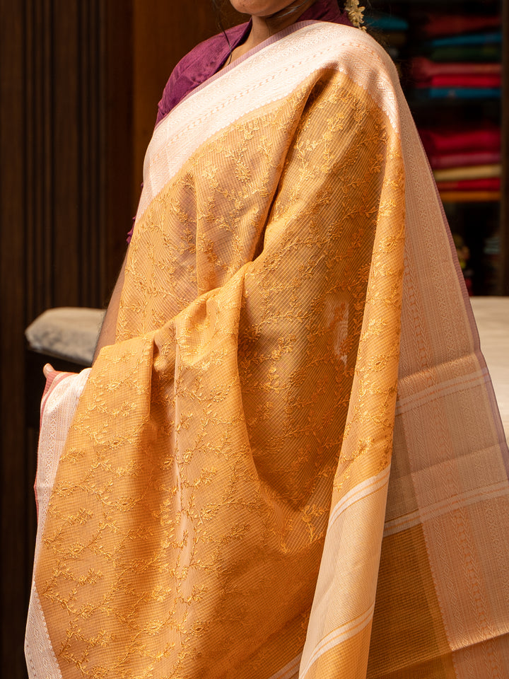 Peach Orange Embroidered Fancy Banaras Kota Cotton Saree - Clio Silks