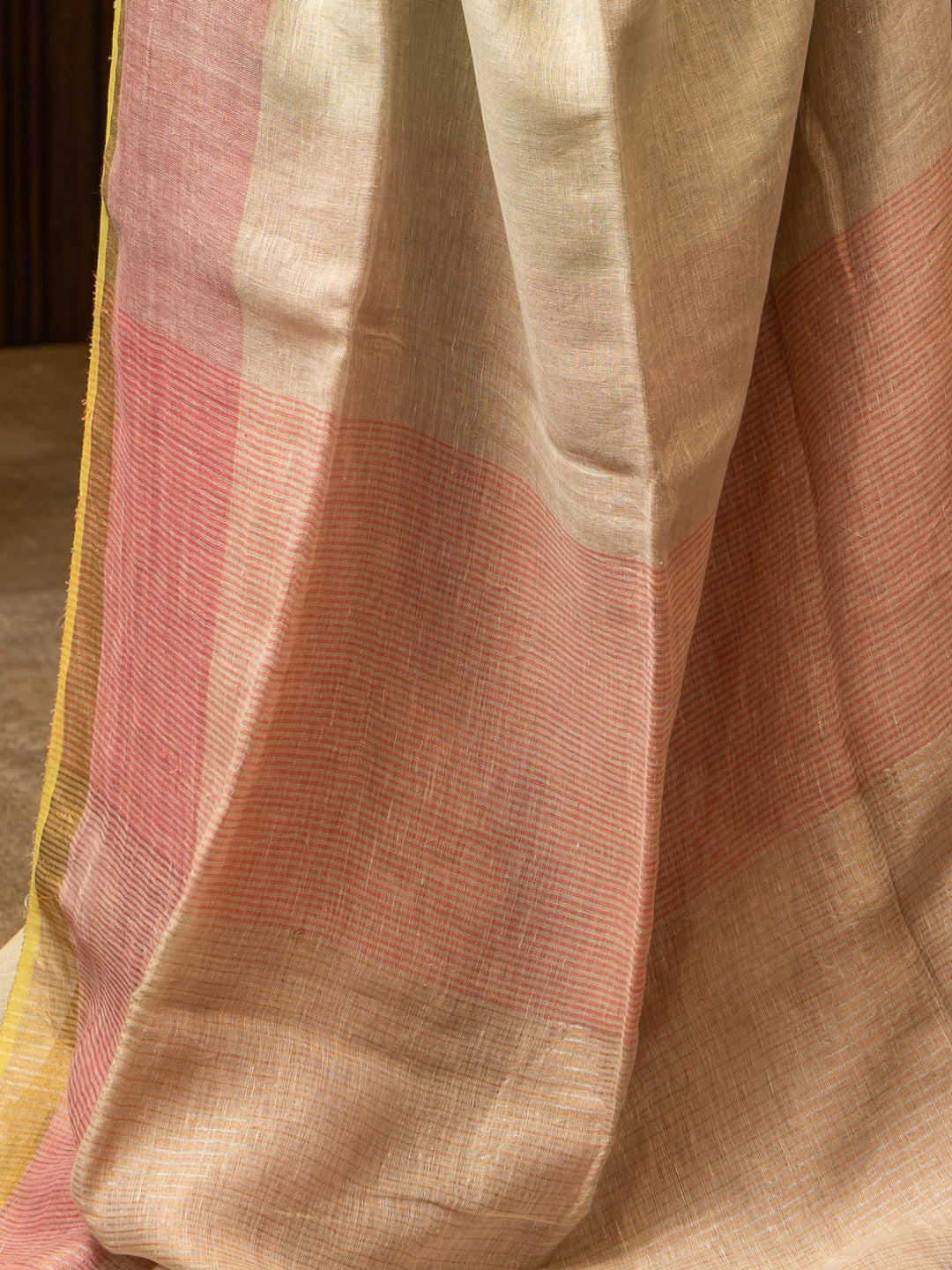 Pastel Green and Pink Pure Linen Designer Saree - Clio Silks
