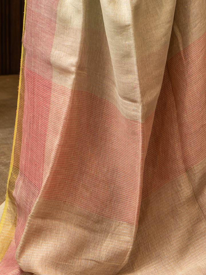 Pastel Green and Pink Pure Linen Designer Saree - Clio Silks