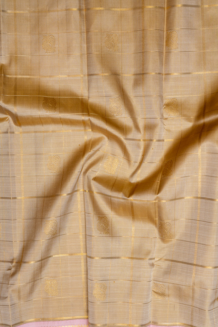 Sand Beige and Lotus Pink Pure Zari Kanchipuram Silk Saree - Clio Silks