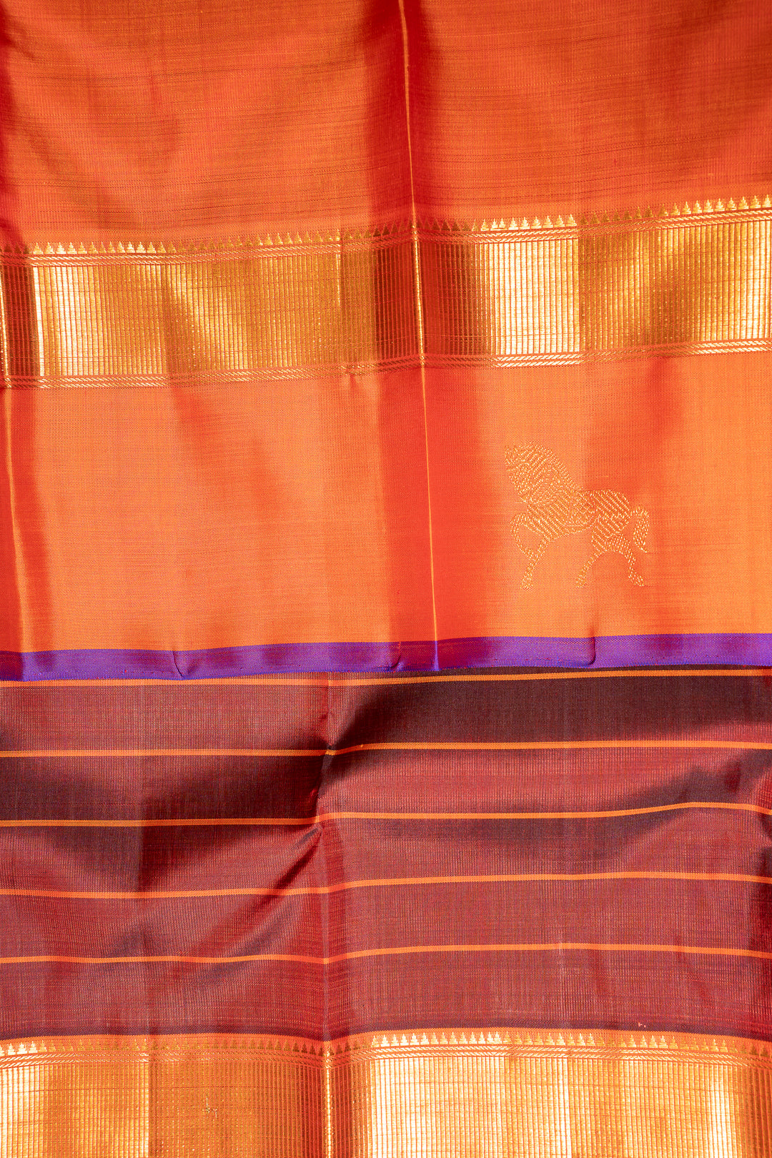 Maroon and Orange Stripes Pure Zari Kanchipuram Silk Saree - Clio Silks
