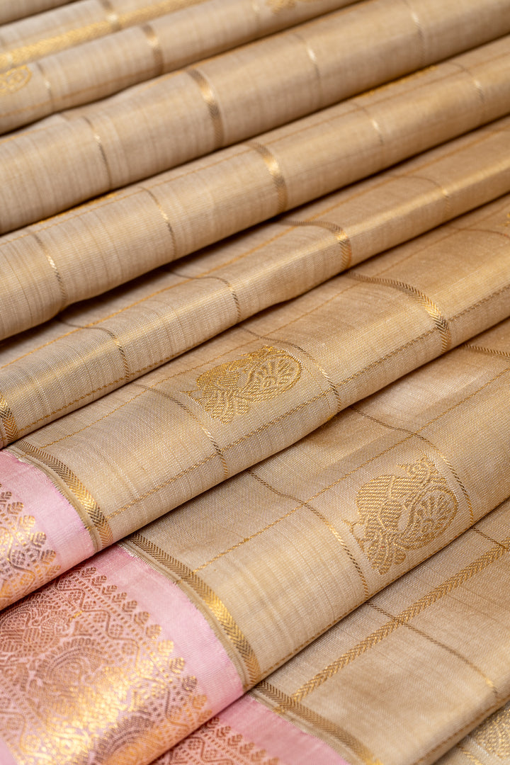Sand Beige and Lotus Pink Pure Zari Kanchipuram Silk Saree - Clio Silks
