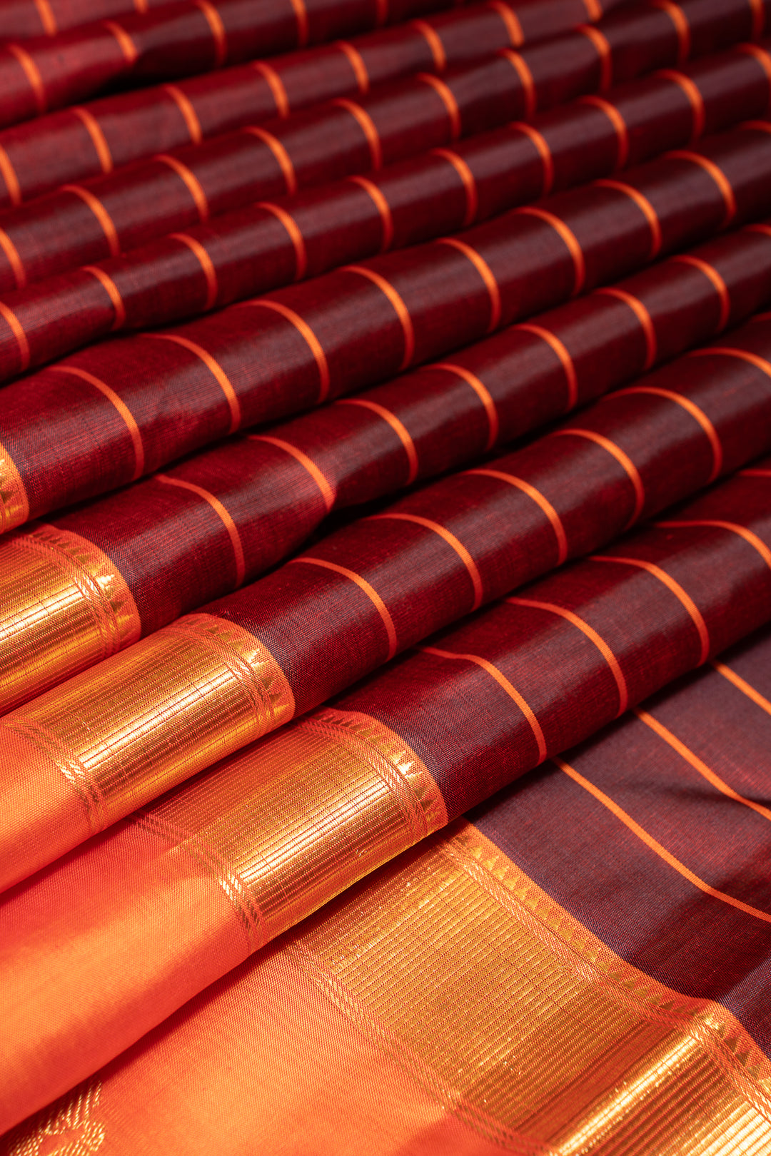 Maroon and Orange Stripes Pure Zari Kanchipuram Silk Saree - Clio Silks