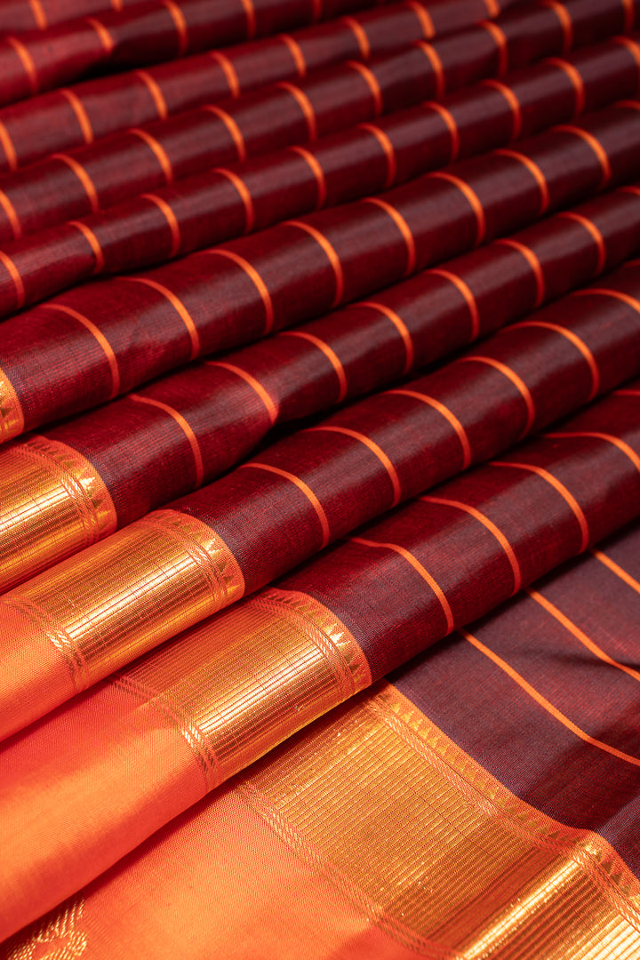 Maroon and Orange Stripes Pure Zari Kanchipuram Silk Saree - Clio Silks