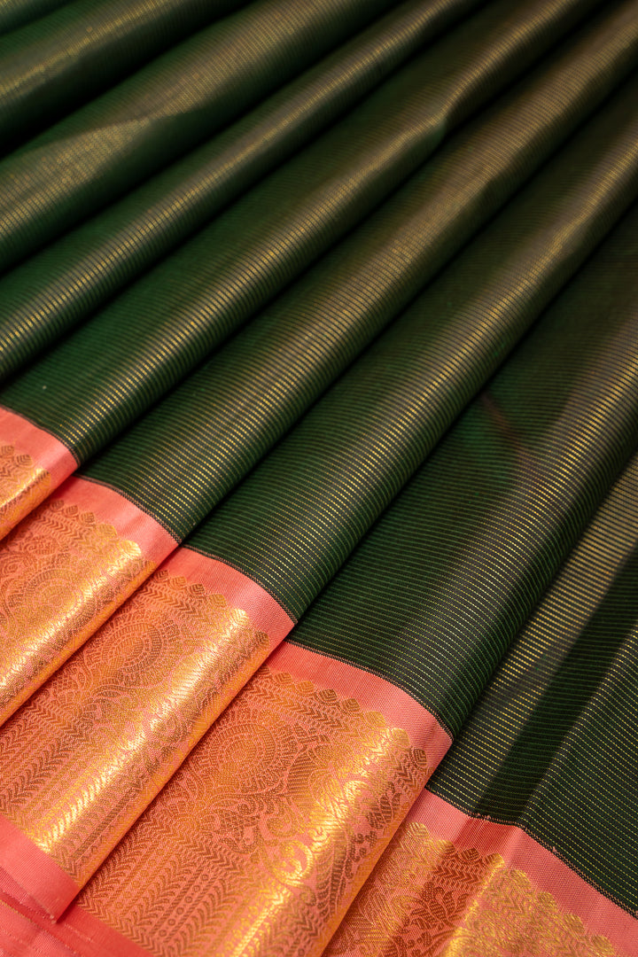 Bottle Green and Baby Pink Korvai Vairaoosi Pure Kanchipuram Saree - Clio Silks