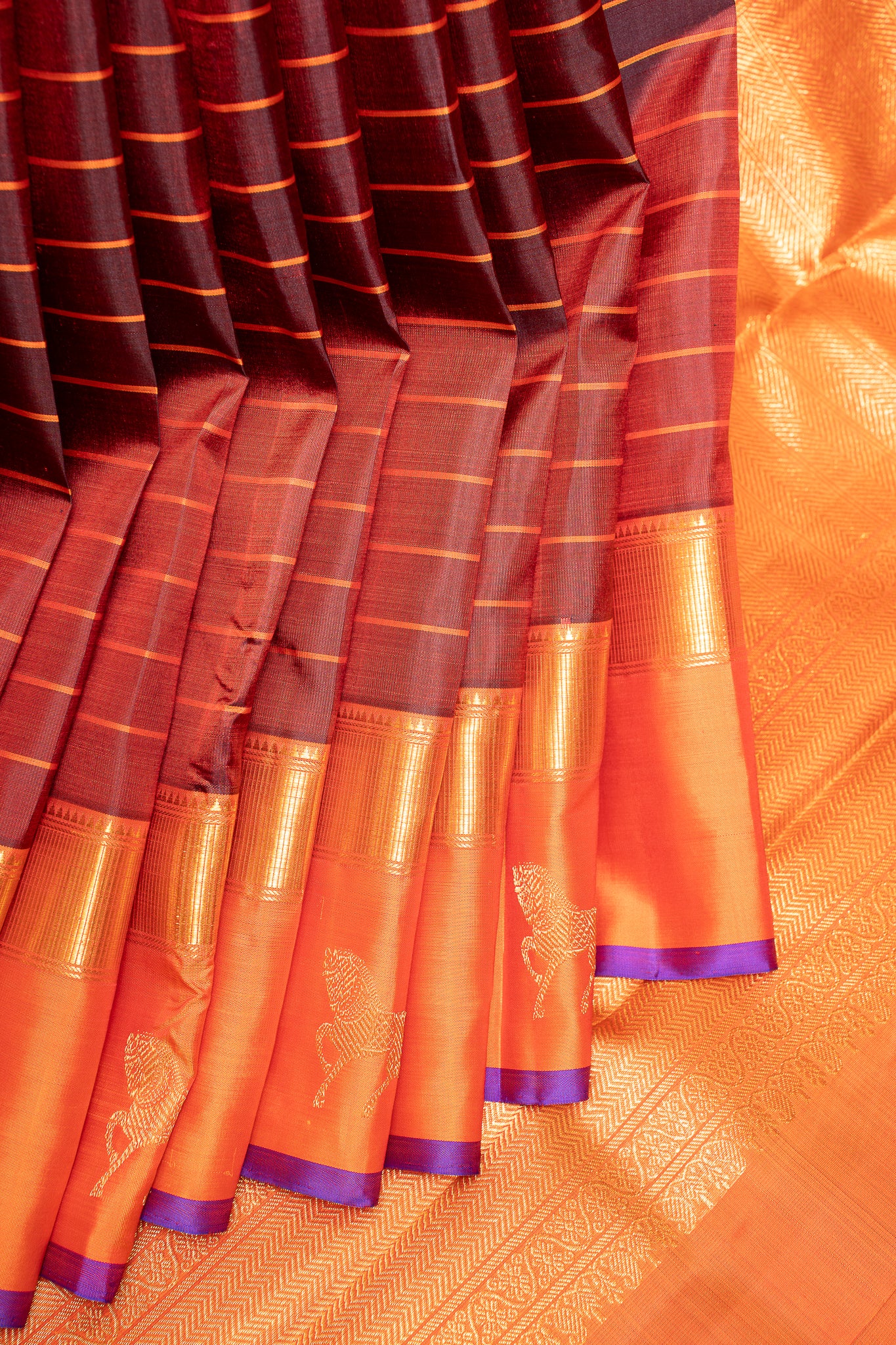 Maroon and Orange Stripes Pure Zari Kanchipuram Silk Saree - Clio Silks