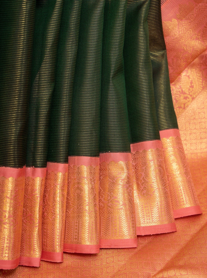 Bottle Green and Baby Pink Korvai Vairaoosi Pure Kanchipuram Saree - Clio Silks