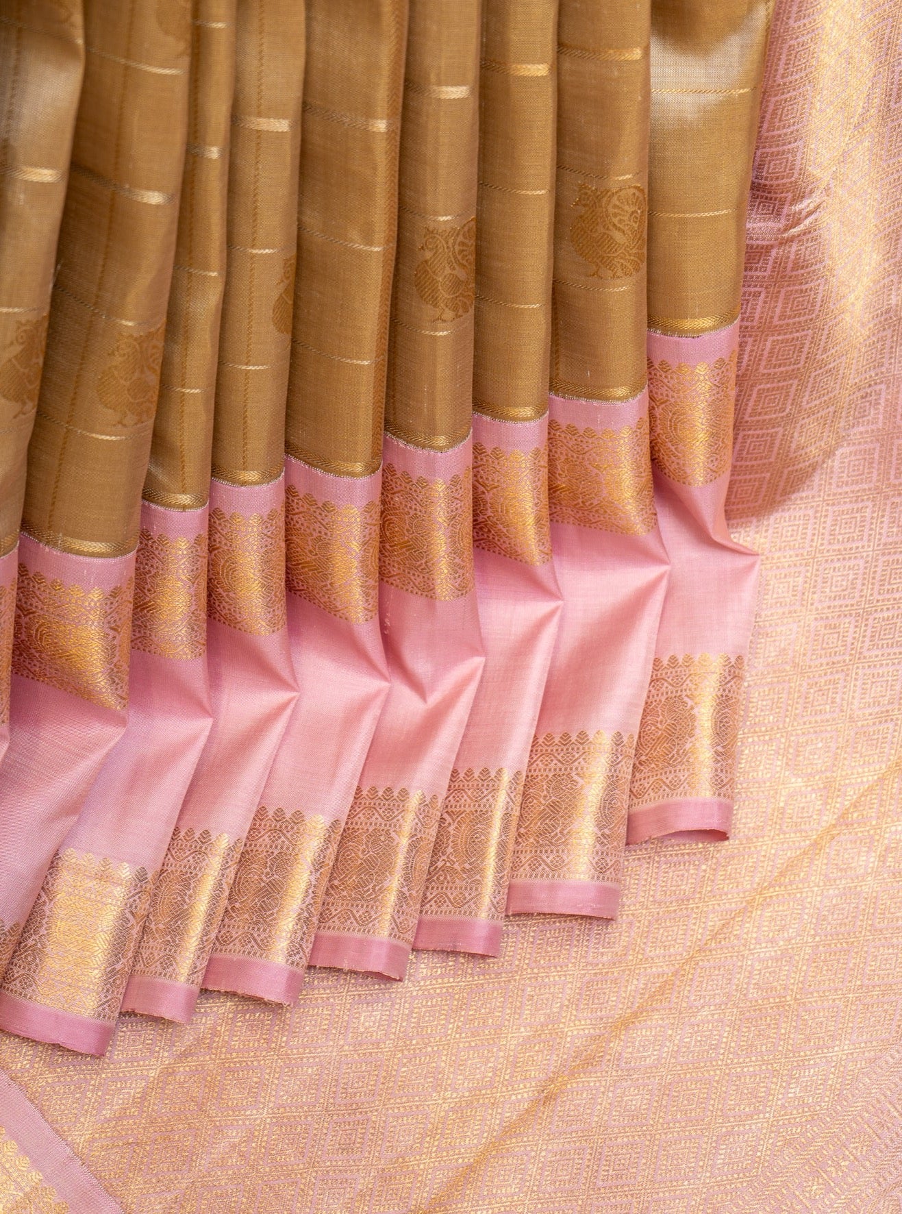 Sand Beige and Lotus Pink Pure Zari Kanchipuram Silk Saree - Clio Silks
