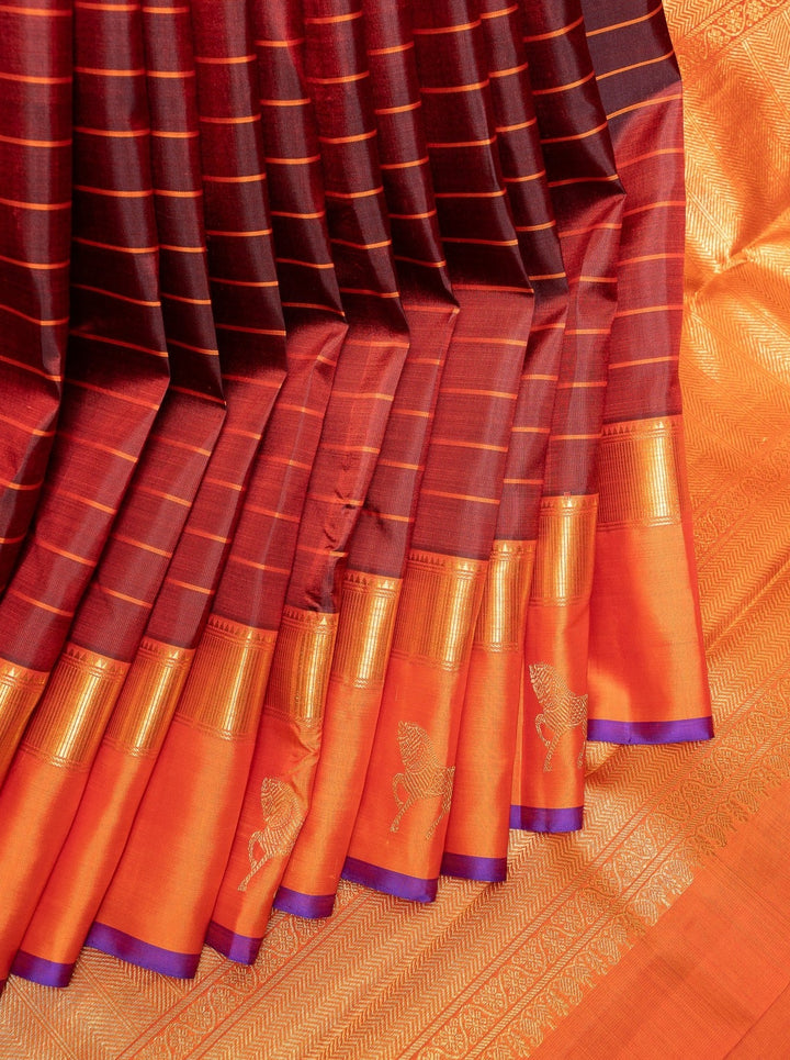 Maroon and Orange Stripes Pure Zari Kanchipuram Silk Saree - Clio Silks