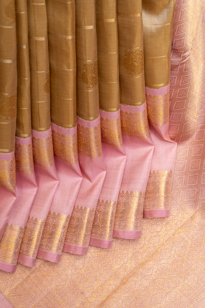 Sand Beige and Lotus Pink Pure Zari Kanchipuram Silk Saree - Clio Silks