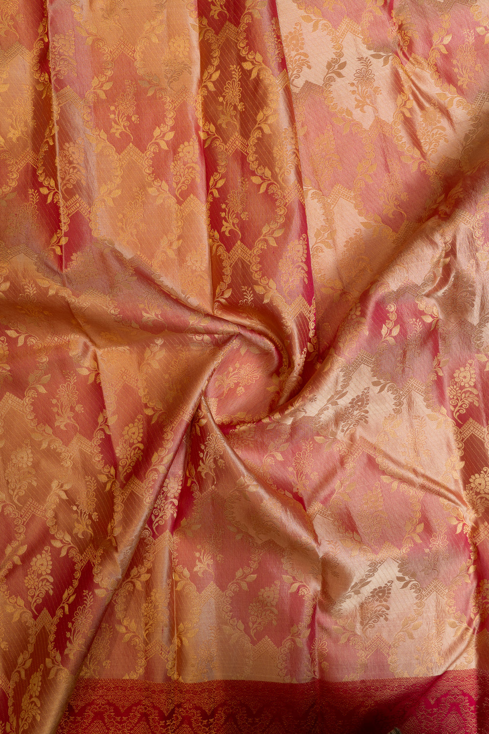 Peach and red rangkat brocade pure Kanchipuram silk saree
