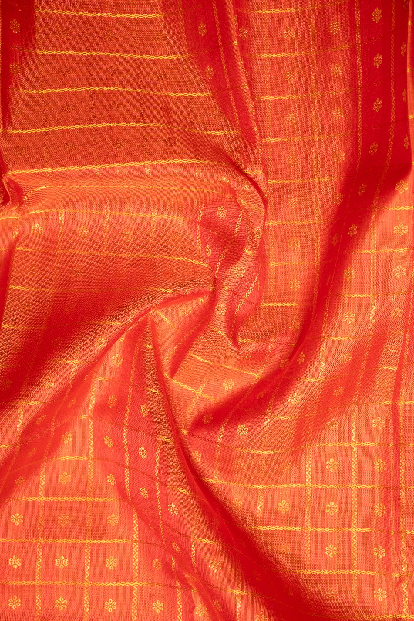 Tangerine Orange Veldhari Checks Pure Zari Kanchipuram Silk Saree - Clio Silks