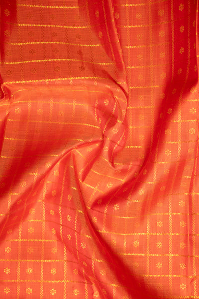 Tangerine Orange Veldhari Checks Pure Zari Kanchipuram Silk Saree - Clio Silks