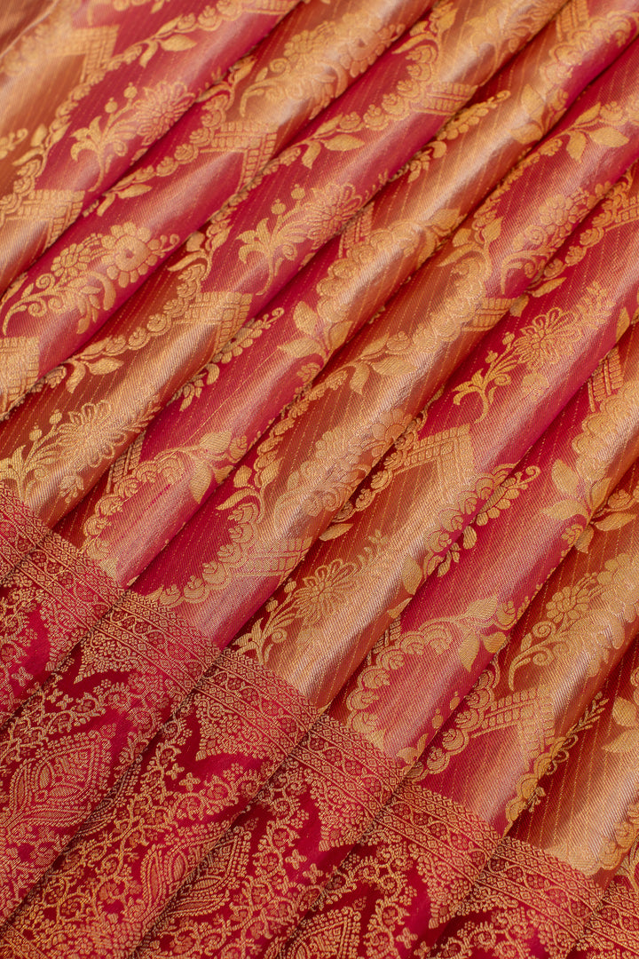 Peach and red rangkat brocade pure Kanchipuram silk saree